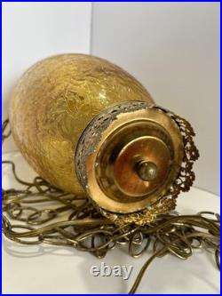 Vintage MCM Hanging Amber Swag Lamp Optical Crackle Glass withBrass Design