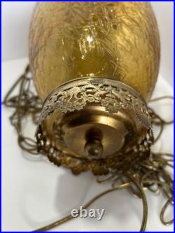 Vintage MCM Hanging Amber Swag Lamp Optical Crackle Glass withBrass Design