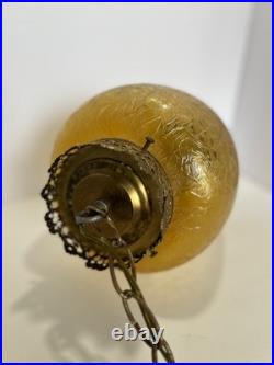 Vintage MCM Hanging Amber Swag Lamp Optical Crackle Glass withBrass Design