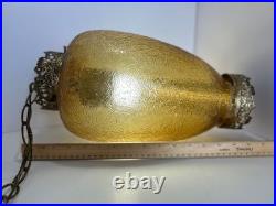 Vintage MCM Hanging Amber Swag Lamp Optical Crackle Glass withBrass Design