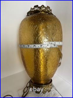 Vintage MCM Hanging Amber Swag Lamp Optical Crackle Glass withBrass Design