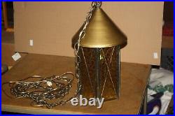Vintage MCM Hanging Swag Lamp -6 Panel Wavy Gold Glass Lantern Works