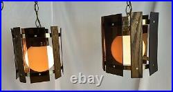 Vintage MCM Hanging Swag Light Lamp Pair 2 Lights Lamps Lucite Wood 60's 70's