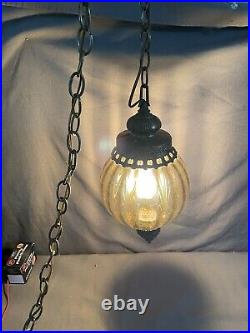 Vintage MCM Hollywood Regency Amber Glass Hanging Globe Swag Lamp