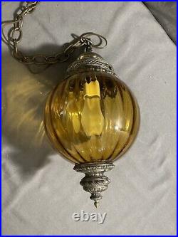 Vintage MCM Hollywood Regency Amber Glass Hanging Globe Swag Lamp
