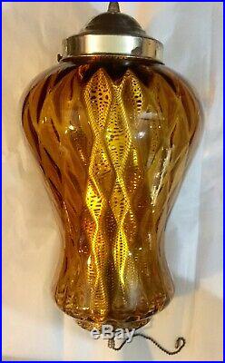 Vintage MCM Hollywood Regency Amber Glass Hanging Swag Chain Lamp Light Diffuser