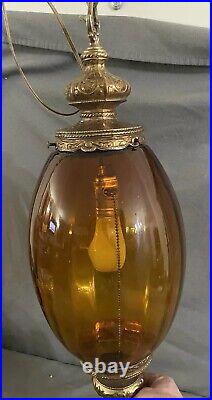 Vintage MCM Hollywood Regency Amber Glass Hanging Swag Lamp with15' Chain Cord