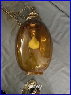 Vintage MCM Hollywood Regency Amber Glass Hanging Swag Lamp with15' Chain Cord