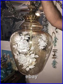 Vintage MCM Hollywood Regency Amber Glass Roses Hanging Swag Lamp Light 3 Bulb