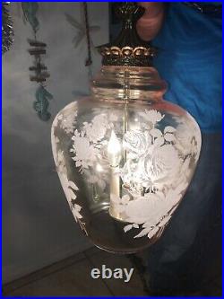 Vintage MCM Hollywood Regency Amber Glass Roses Hanging Swag Lamp Light 3 Bulb