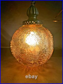 Vintage MCM Hollywood Regency Amber Grapevine Ball Shade Hanging Swag Lamp