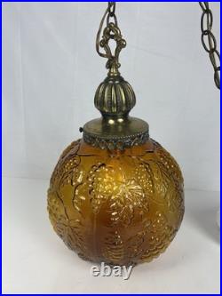 Vintage MCM Hollywood Regency Amber Grapevine Ball Shade Hanging Swag Lamp