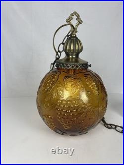 Vintage MCM Hollywood Regency Amber Grapevine Ball Shade Hanging Swag Lamp