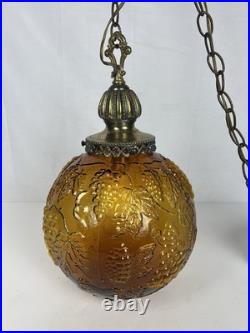 Vintage MCM Hollywood Regency Amber Grapevine Ball Shade Hanging Swag Lamp