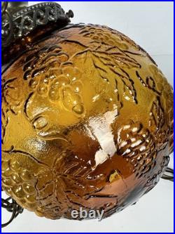 Vintage MCM Hollywood Regency Amber Grapevine Ball Shade Hanging Swag Lamp