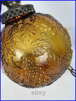 Vintage MCM Hollywood Regency Amber Grapevine Ball Shade Hanging Swag Lamp