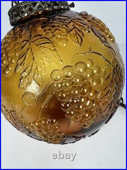 Vintage MCM Hollywood Regency Amber Grapevine Ball Shade Hanging Swag Lamp