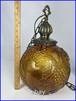 Vintage MCM Hollywood Regency Amber Grapevine Ball Shade Hanging Swag Lamp