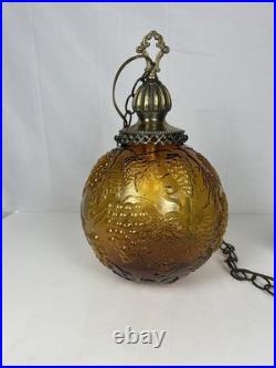 Vintage MCM Hollywood Regency Amber Grapevine Ball Shade Hanging Swag Lamp