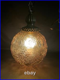 Vintage MCM Hollywood Regency Amber Grapevine Ball Shade Hanging Swag Lamp