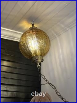 Vintage MCM Hollywood Regency Amber Textured Glass Hanging Swag Lamp
