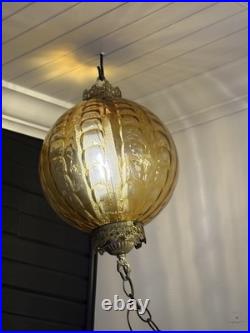 Vintage MCM Hollywood Regency Amber Textured Glass Hanging Swag Lamp