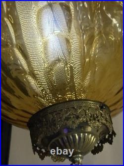 Vintage MCM Hollywood Regency Amber Textured Glass Hanging Swag Lamp