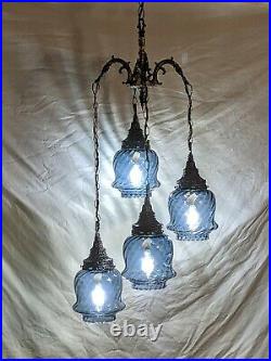 Vintage MCM Hollywood Regency Blue Glass Hanging Pendant Ceiling Swag Lamp Light