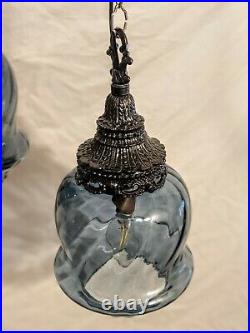 Vintage MCM Hollywood Regency Blue Glass Hanging Pendant Ceiling Swag Lamp Light