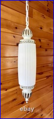 Vintage MCM Hollywood Regency White Ribbed Milk Glass Hanging Swag Lamp Light