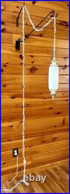 Vintage MCM Hollywood Regency White Ribbed Milk Glass Hanging Swag Lamp Light
