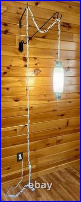 Vintage MCM Hollywood Regency White Ribbed Milk Glass Hanging Swag Lamp Light