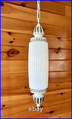 Vintage MCM Hollywood Regency White Ribbed Milk Glass Hanging Swag Lamp Light