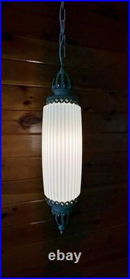 Vintage MCM Hollywood Regency White Ribbed Milk Glass Hanging Swag Lamp Light