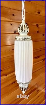 Vintage MCM Hollywood Regency White Ribbed Milk Glass Hanging Swag Lamp Light