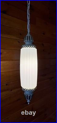 Vintage MCM Hollywood Regency White Ribbed Milk Glass Hanging Swag Lamp Light