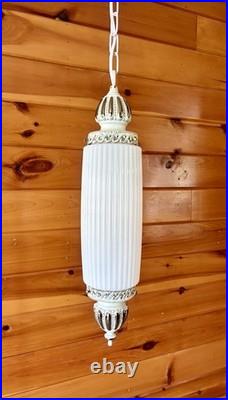 Vintage MCM Hollywood Regency White Ribbed Milk Glass Hanging Swag Lamp Light