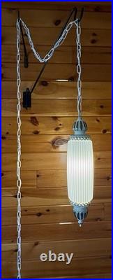 Vintage MCM Hollywood Regency White Ribbed Milk Glass Hanging Swag Lamp Light