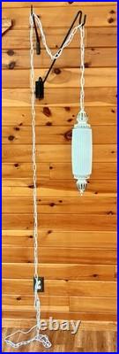 Vintage MCM Hollywood Regency White Ribbed Milk Glass Hanging Swag Lamp Light