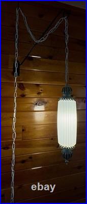Vintage MCM Hollywood Regency White Ribbed Milk Glass Hanging Swag Lamp Light