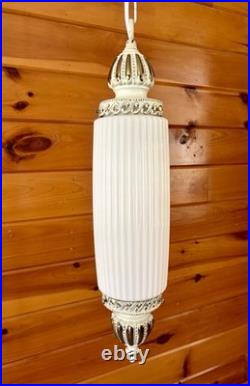 Vintage MCM Hollywood Regency White Ribbed Milk Glass Hanging Swag Lamp Light
