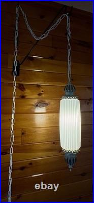 Vintage MCM Hollywood Regency White Ribbed Milk Glass Hanging Swag Lamp Light