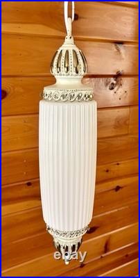 Vintage MCM Hollywood Regency White Ribbed Milk Glass Hanging Swag Lamp Light