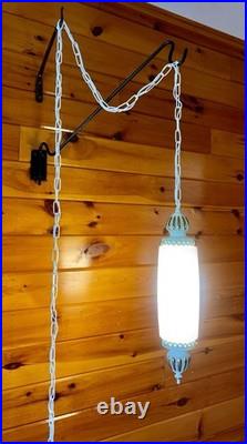 Vintage MCM Hollywood Regency White Ribbed Milk Glass Hanging Swag Lamp Light