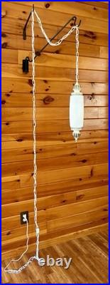 Vintage MCM Hollywood Regency White Ribbed Milk Glass Hanging Swag Lamp Light