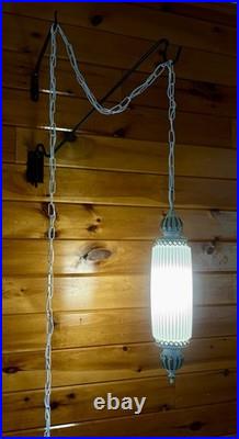 Vintage MCM Hollywood Regency White Ribbed Milk Glass Hanging Swag Lamp Light