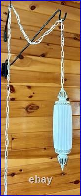 Vintage MCM Hollywood Regency White Ribbed Milk Glass Hanging Swag Lamp Light
