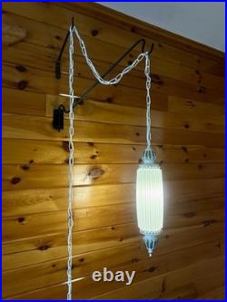 Vintage MCM Hollywood Regency White Ribbed Milk Glass Hanging Swag Lamp Light