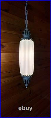 Vintage MCM Hollywood Regency White Ribbed Milk Glass Hanging Swag Lamp Light