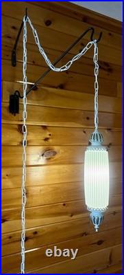 Vintage MCM Hollywood Regency White Ribbed Milk Glass Hanging Swag Lamp Light